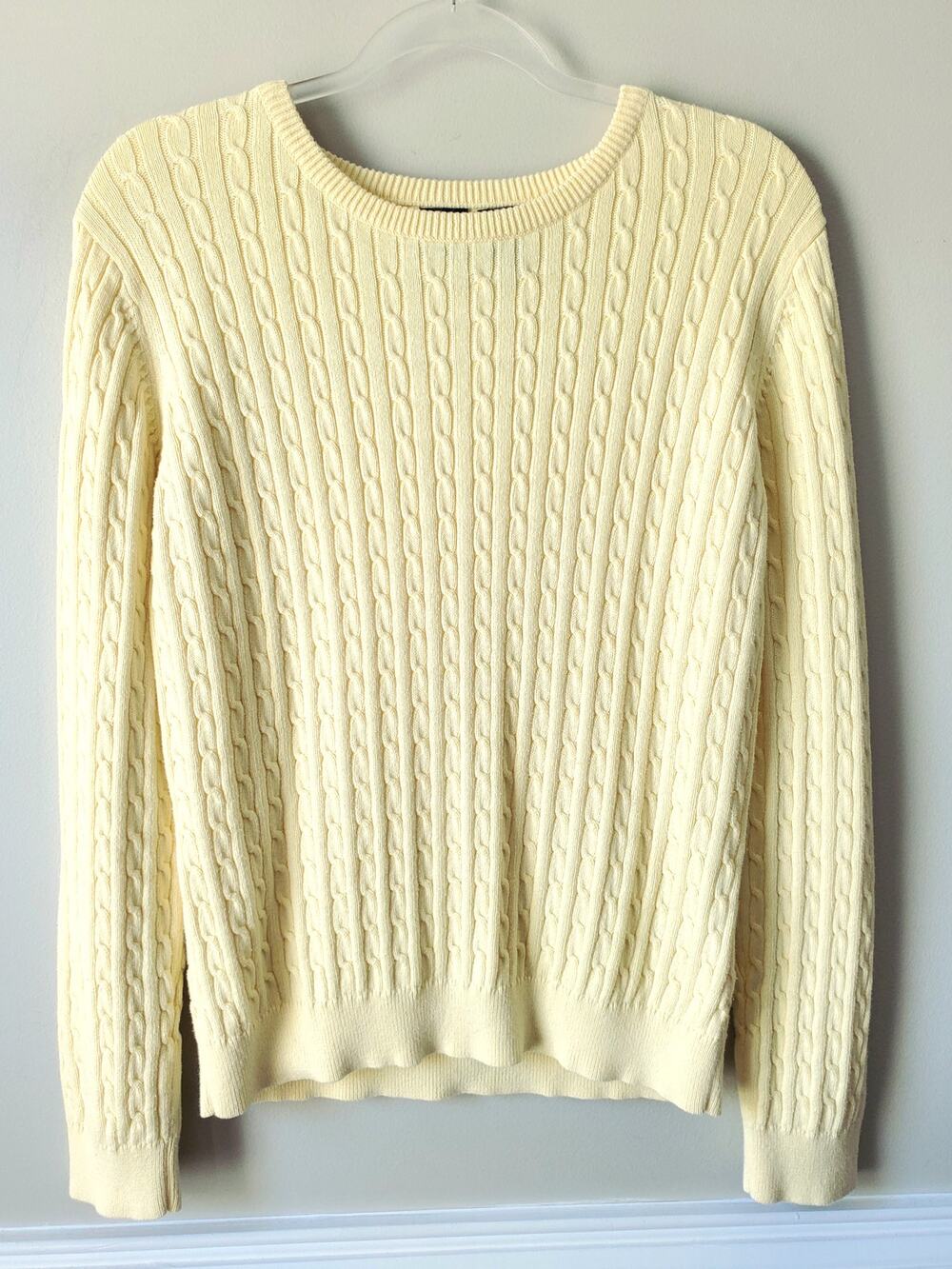 Women Vtg Y2K Pastel Yellow Cable Knit Crew Sweater M Preppy Coastal Tennis
